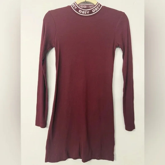 Obey Clothing Universe Women’s Small Mock Neck Logo Ribbed Mini Bodycon Dress - Picture 1 of 5